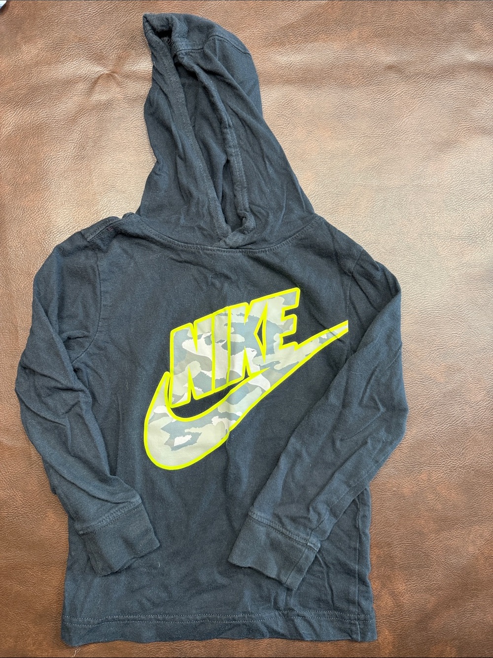 Nike Black Hoodie with Neon Yellow-Outlined Camo Swoosh